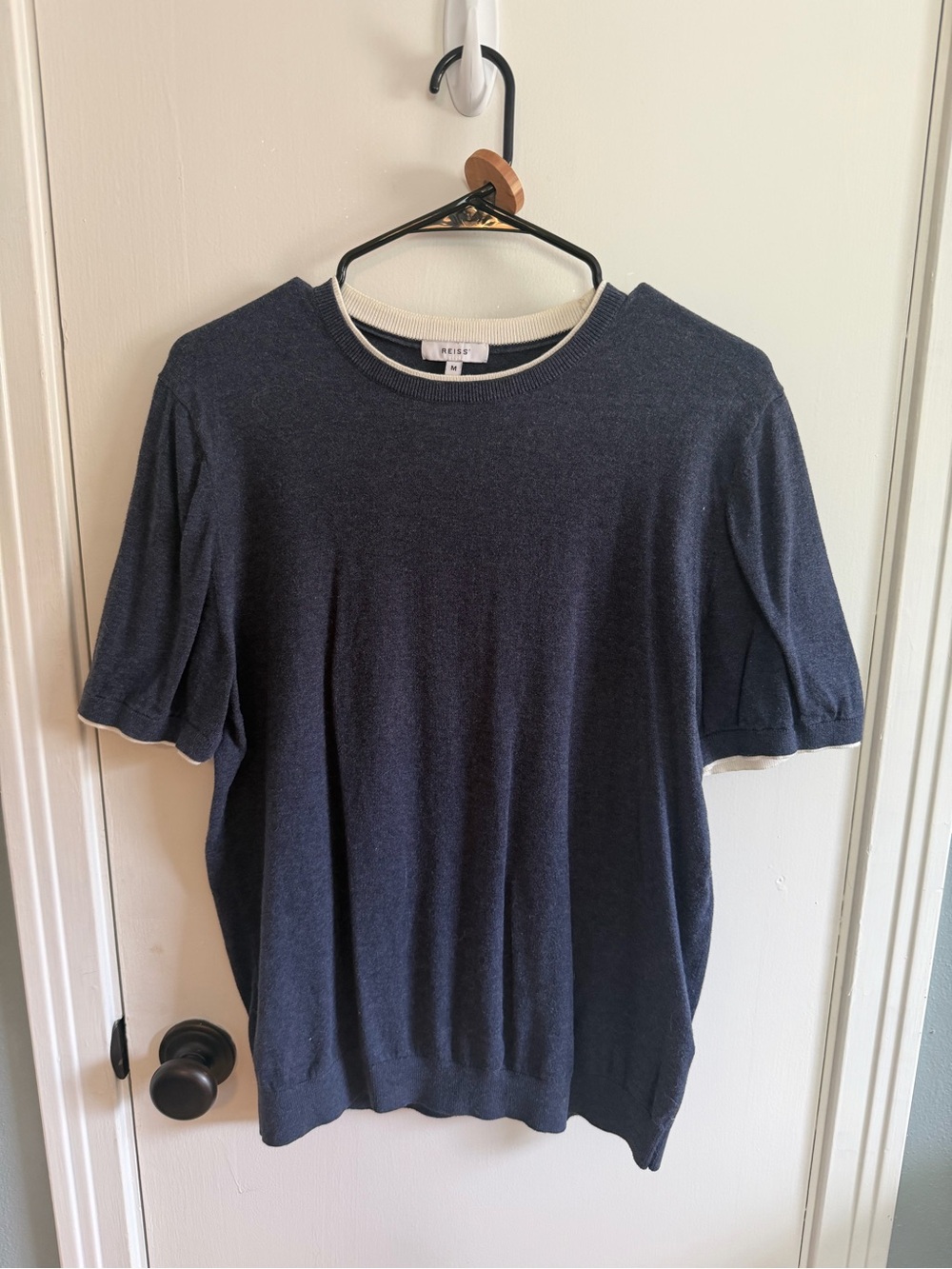 Reiss Navy Crewneck Short-Sleeve Sweater with Cream Trim